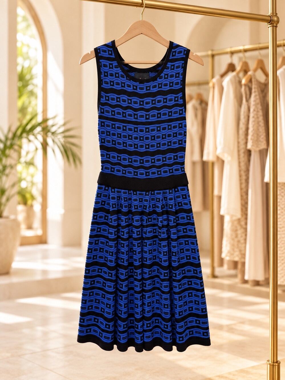 McGinn Blue Black Geometric Knit Sweater Dress NWT S/M Fit Flare Stretch Preppy